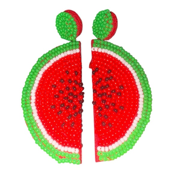 Jewelry - Beaded Watermelon Statement Earrings Red Green Seed Detail J23